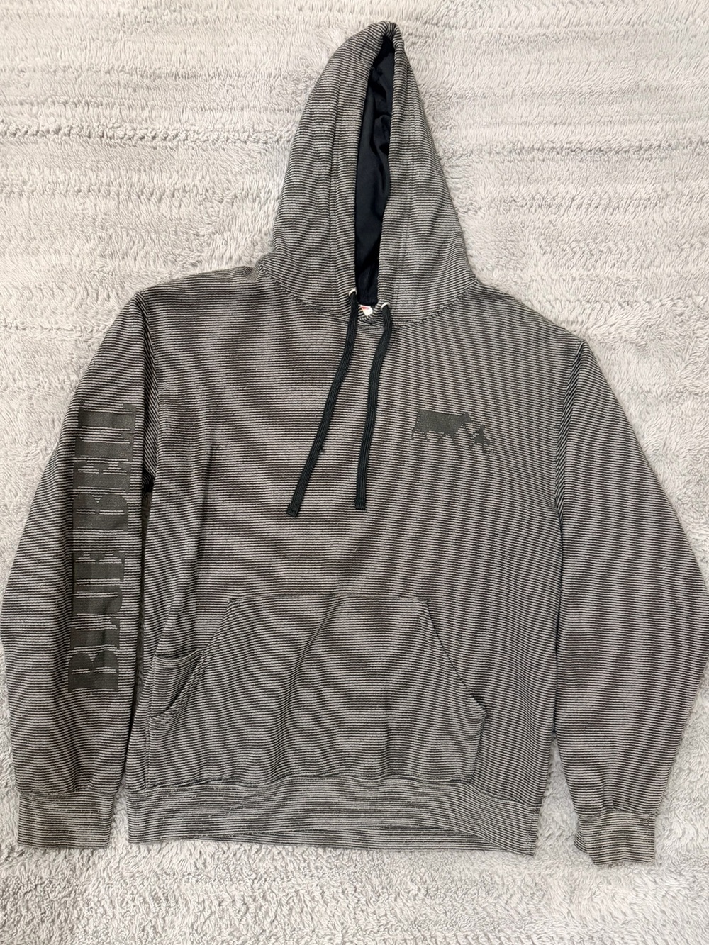 Fruit of the Loom Men's Gray Striped Hoodie with Blue Bell Creameries Logo